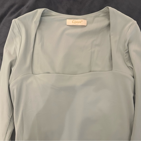Qinsen Square Neck Long Sleeve Bodysuit | Smoke Green | NWOT - Picture 7 of 7